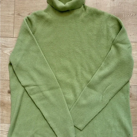 Lands End Green Cashmere Sweater Lightweight Ribbed Turtleneck Sweater Size XL - Picture 2 of 7